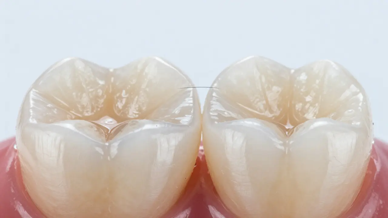 Makro záběr zobrazující aplikaci tenkého porcelánového náhrubu na zub pro estetickou opravu
