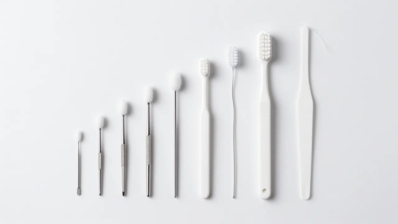 Různé velikosti mezizubních kartáčků vedle dentální nitky