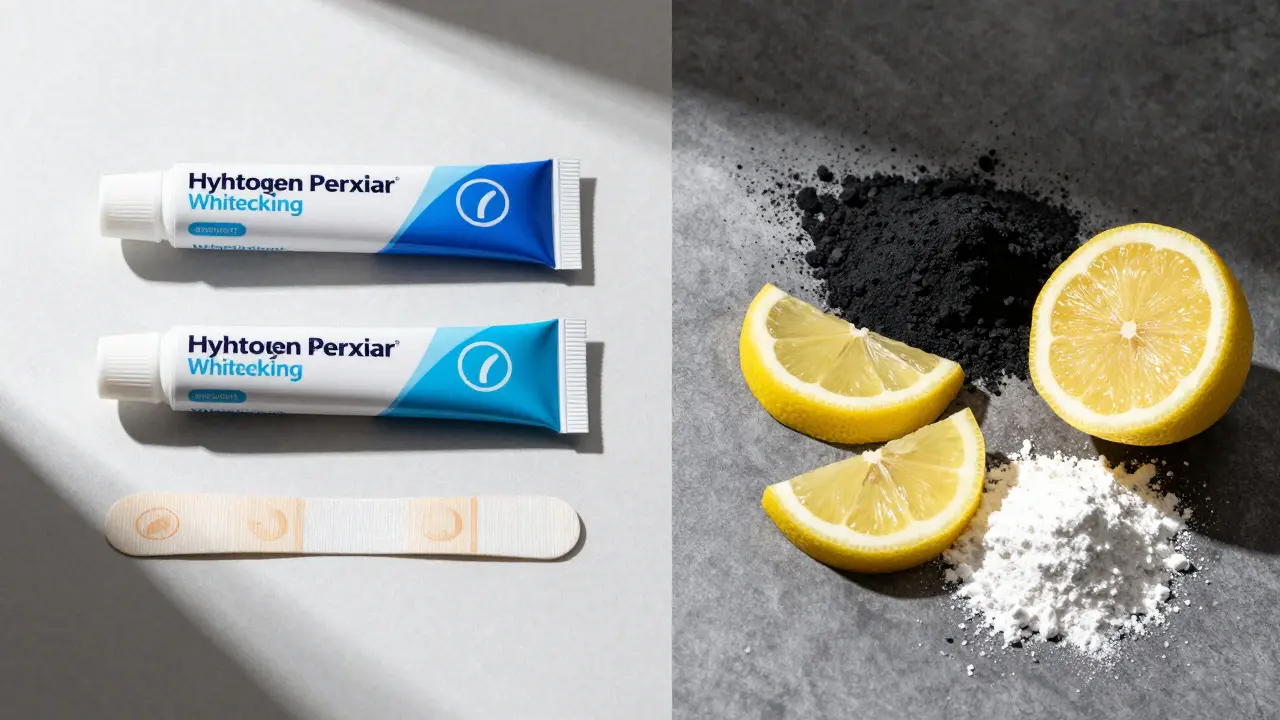 Srovnání bezpečných bělicích produktů a rizikových domácích metod jako citron či uhlí.