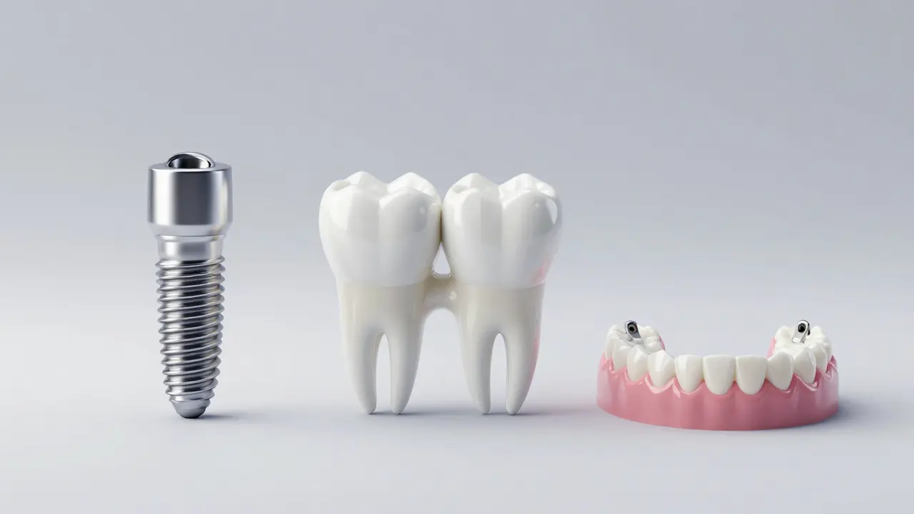 Srovnání tří metod náhrady: implantát, můstek a částečný dentur.
