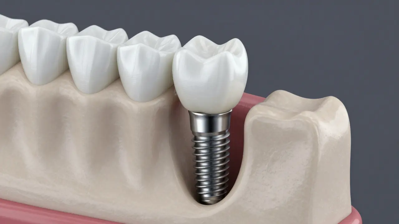 Zubní implantát z titanu ukotvený v čelistní kosti s korunou