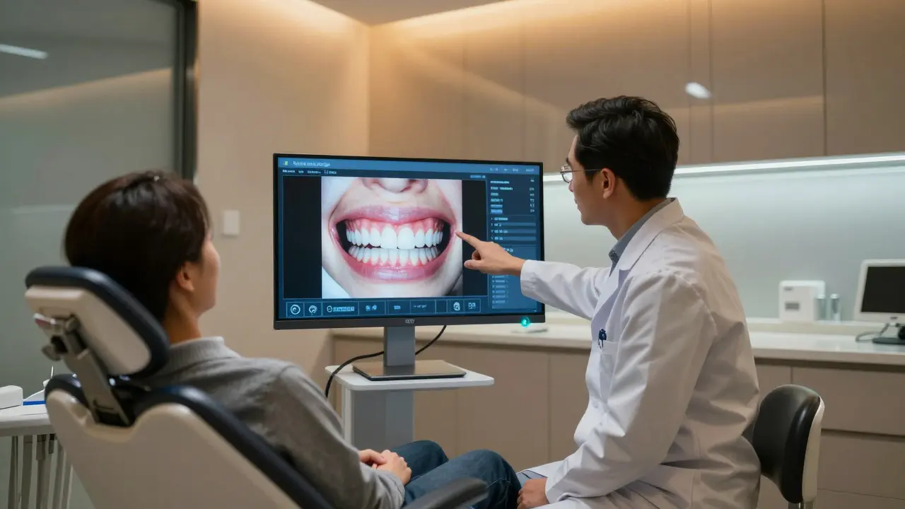Zubní lékař vysvětluje digitální plánování úsměvu pacientovi v moderní klinice