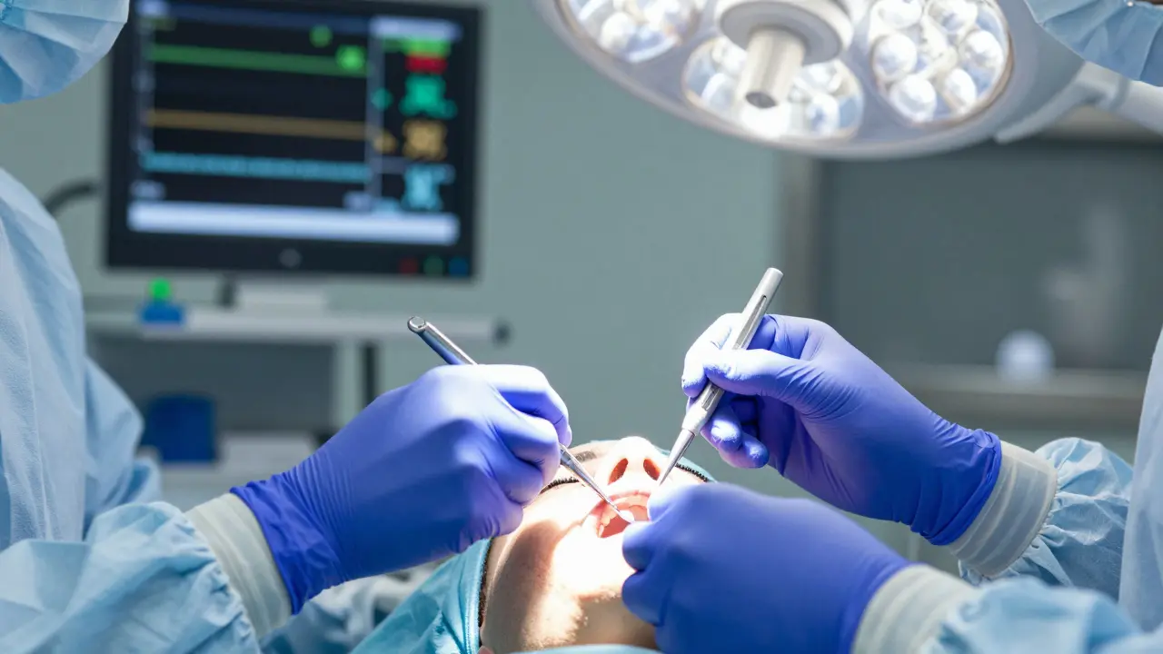 Detailní záběr chirurgického zákroku v operačním sále s moderní technikou
