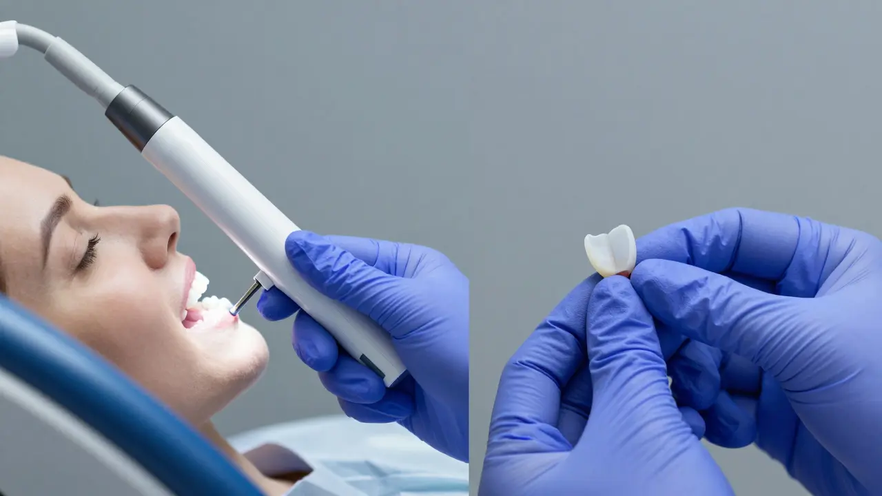 Digitální skener zubů a keramická fázeta v ruce lékaře