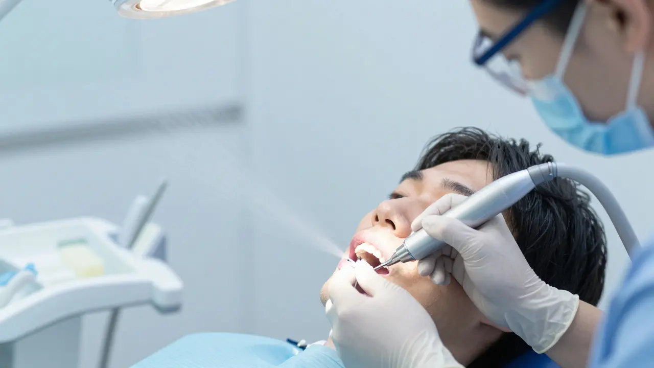 Hygienistka čistí zuby ultrazvukovým skalpelem