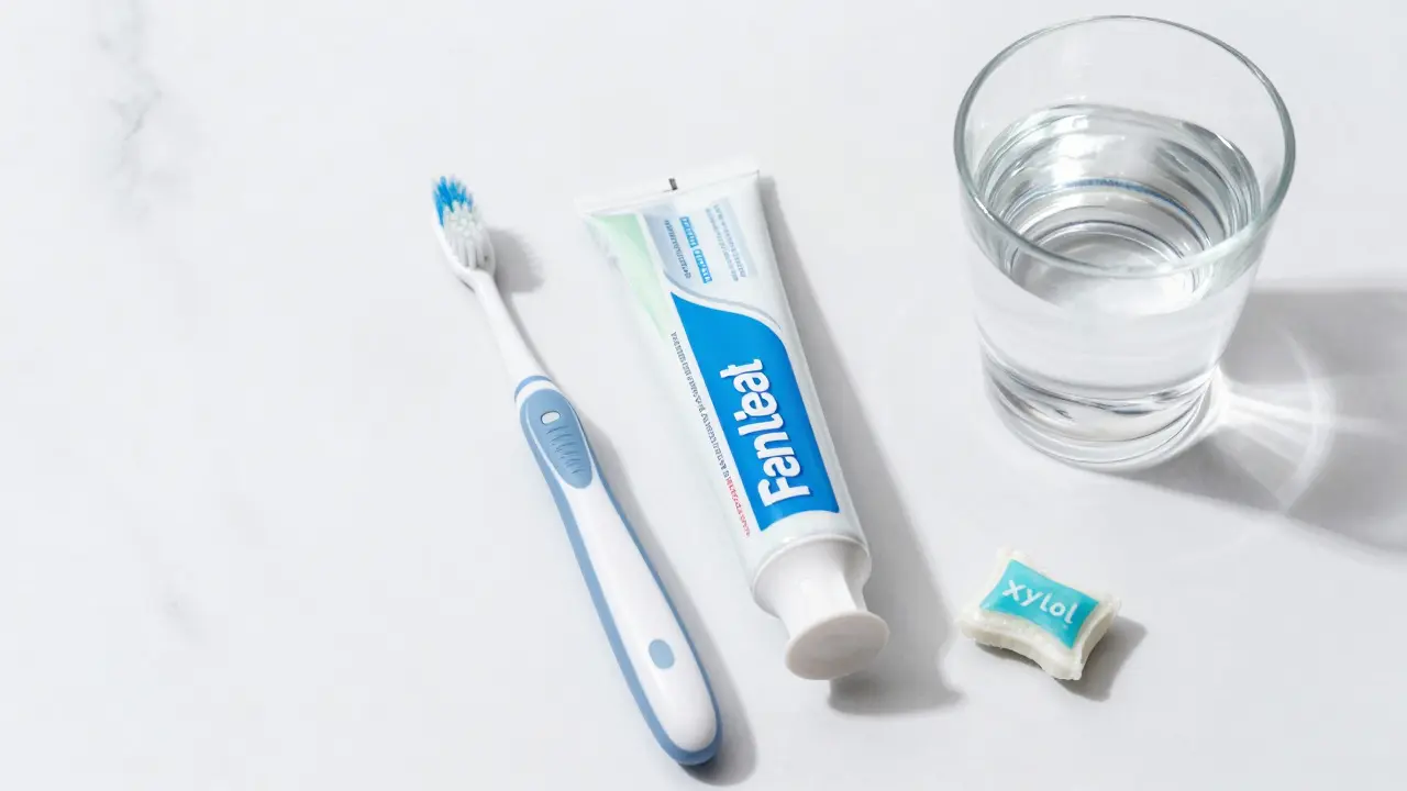 Měkká zubní kartáčka a fluoridová pasta na mramoru