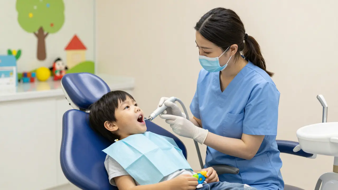 Přátelská dentální hygienistka vyšetřuje dítě v ordinaci