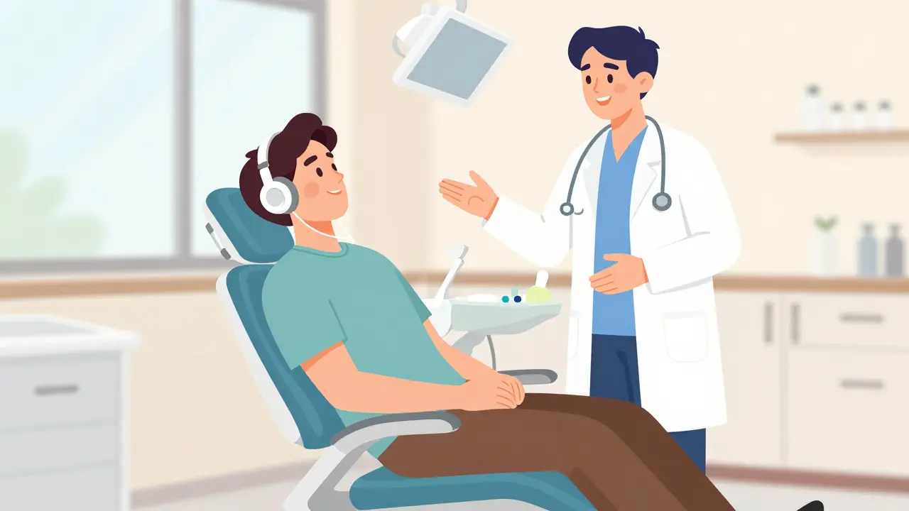 Uklidněný pacient v křesle u dentisty
