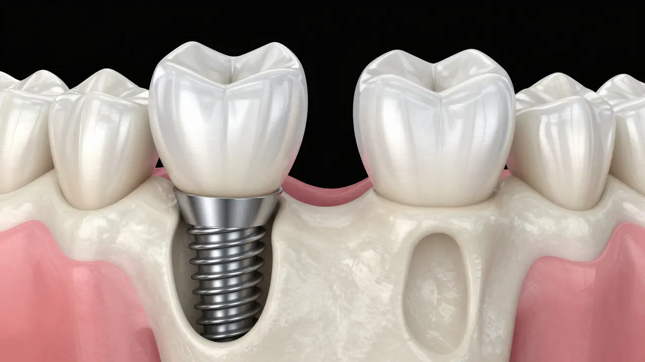 3D ilustrace implantátu s E-max korunou a zdravé kosti