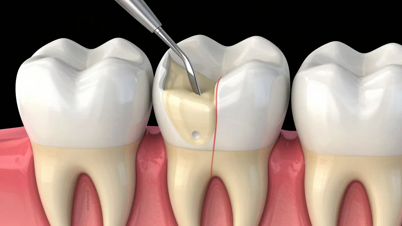 Anatomický řez zubem ukazující ztrátu sklovce a citlivý dentin