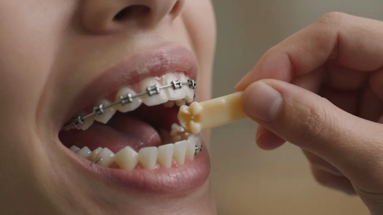 Aplikace ortodontického vosku na drát rovnátka pro úlevu od podráždění
