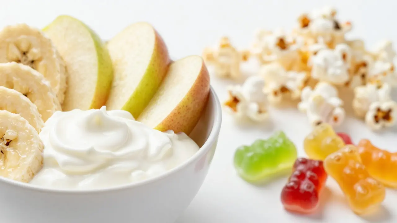 Bezpečné ovoce a jogurt vedle nebezpečných potravin jako popcorn a bonbóny