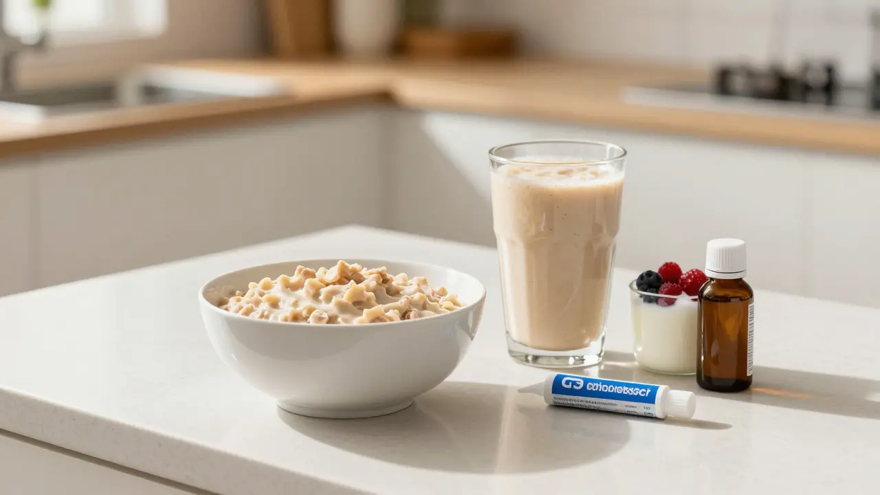 Měkká jídla jako kaše a jogurt vedle ortodontického vosku
