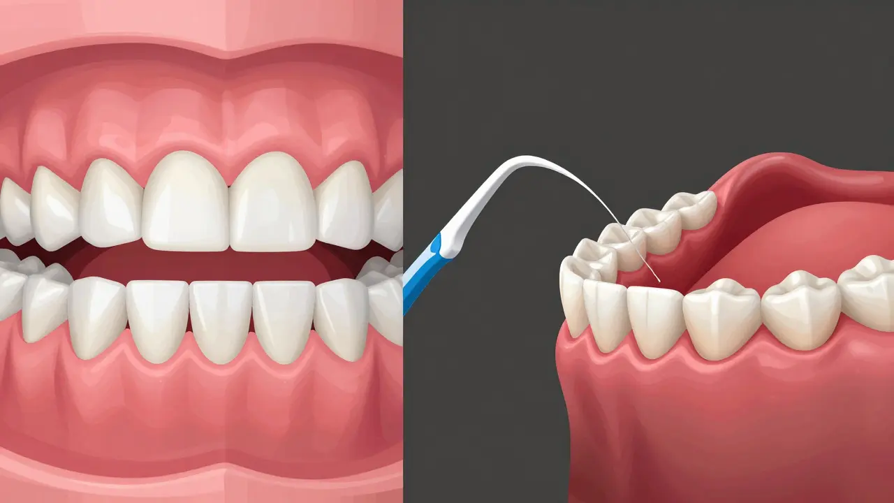 Porovnání zdravých a zanícených dásní s hygienickými pomůckami