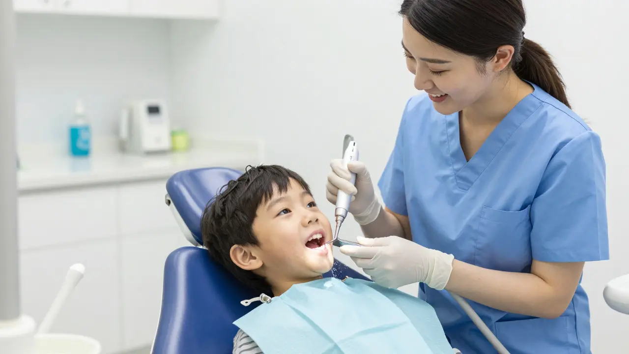 Stomatologická hygienistka čistí zuby dítěti ultrazvukem