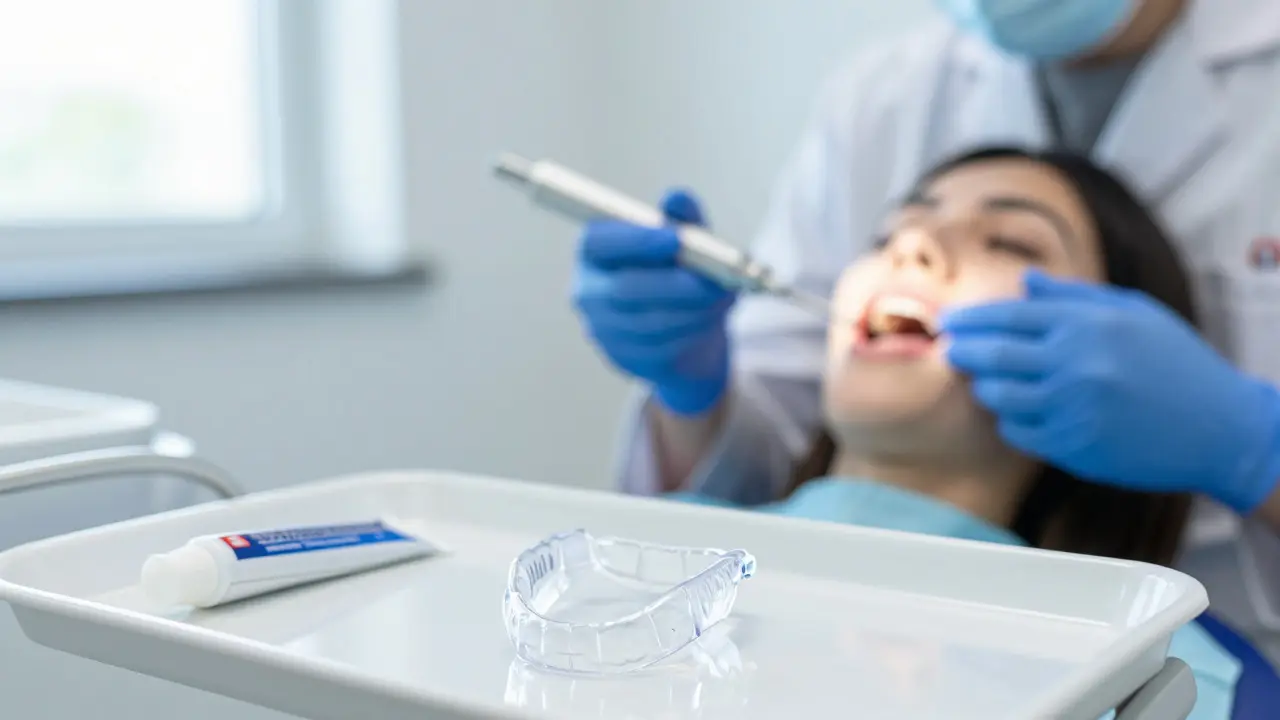 Zubní chránička a fluorid na klinickém stole