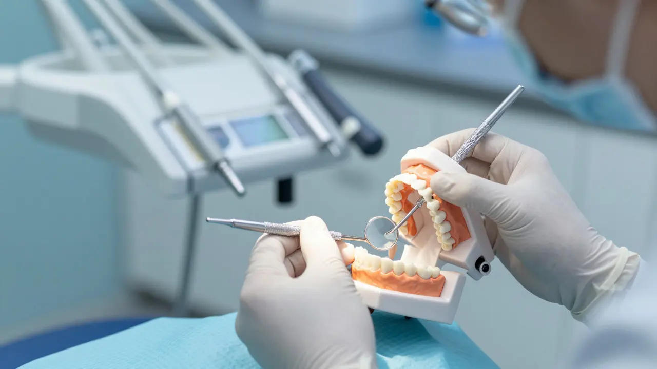 Dentist adjusting a partial denture on an anatomical jaw model