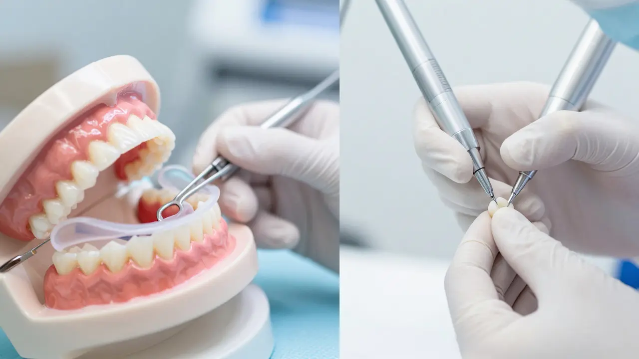 Dentista aplikuje bělicí gel a kompozitní materiál na zuby pro léčbu skvrn