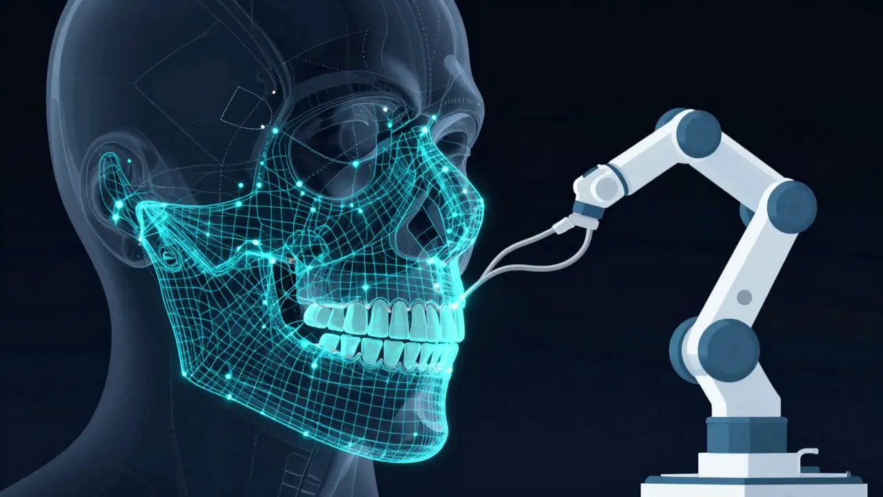 Digital 3D model of a jawbone with surgical navigation overlays