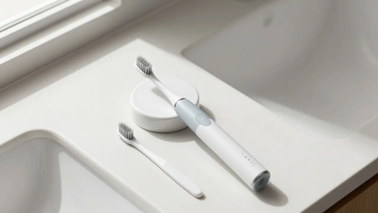 Elektrický kartáček sušící se vzduchem na stojanu v čisté koupelně.