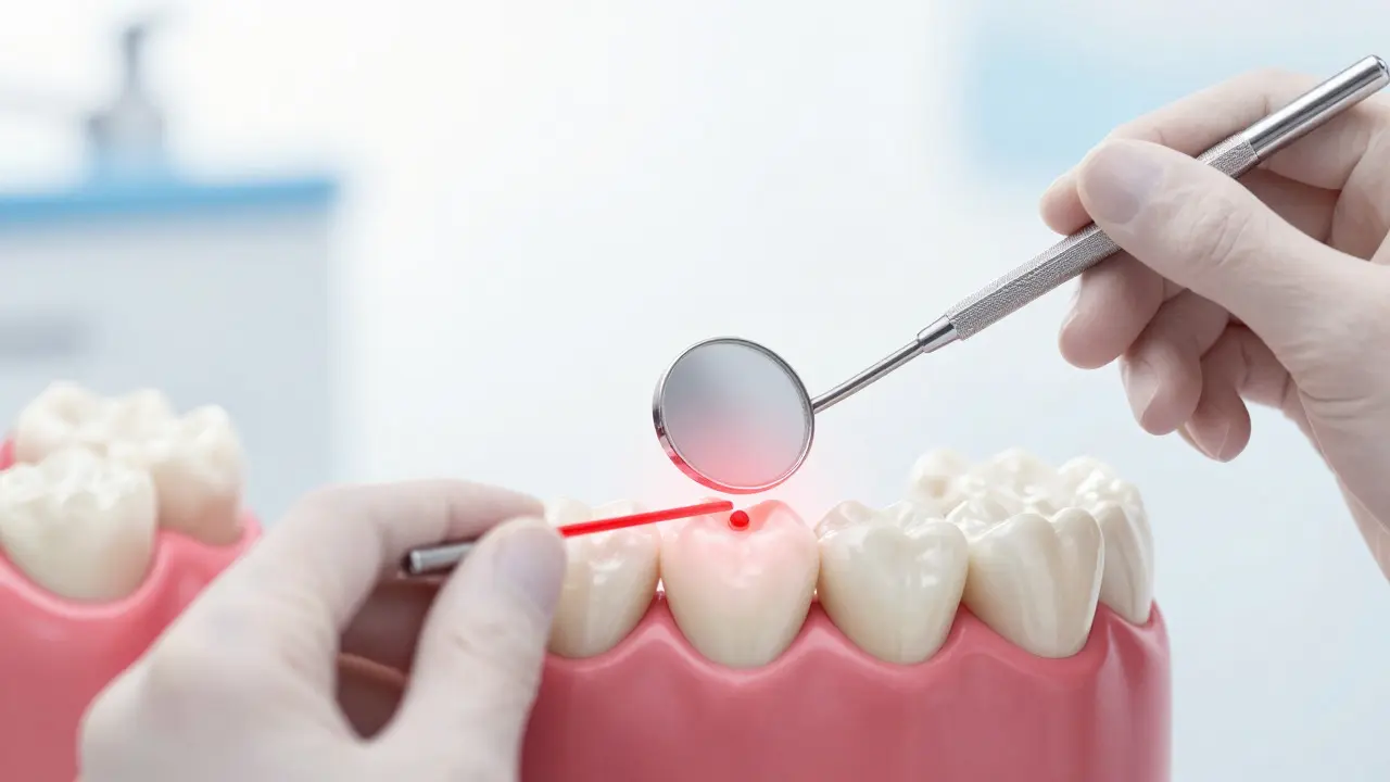 Ilustrace dentálního vyšetření s laserovým detektorem odhalujícím skrytý kaz