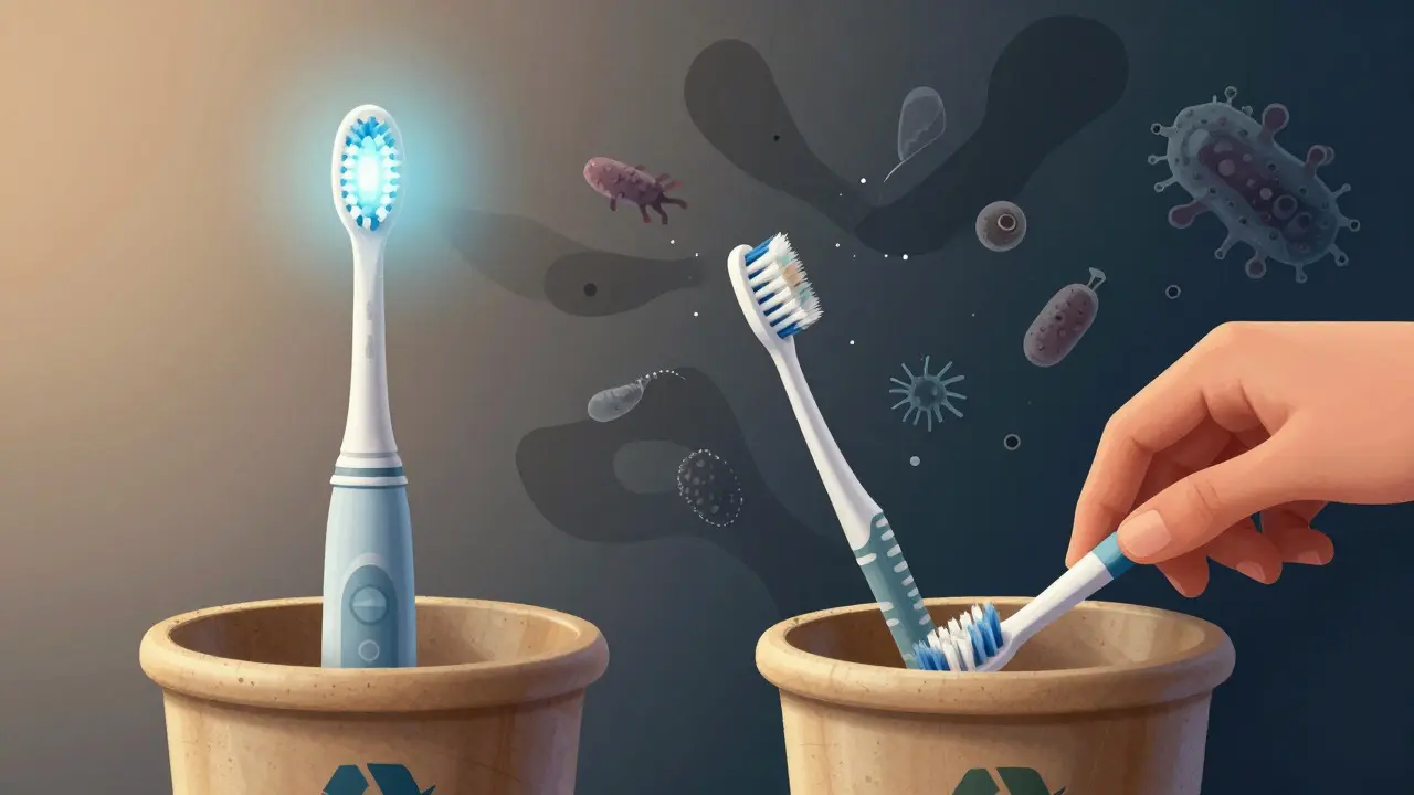 Konceptální ilustrace čistého vs. špinavého kartáče a recyklace hlavy.