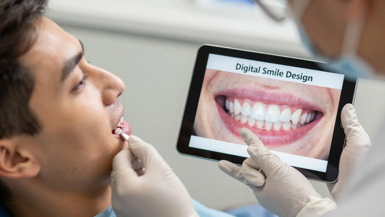 Konzultace stomatologa s digitální simulací úsměvu