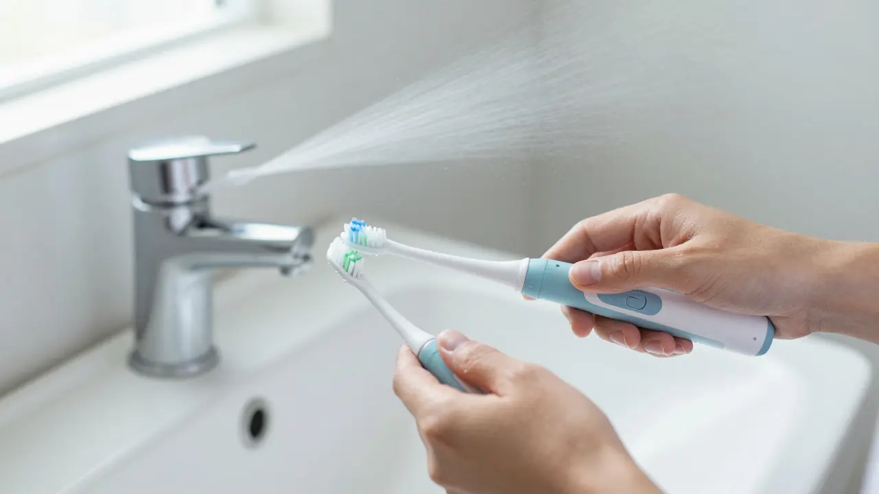 Osoba používá elektrický kartáček a irrigátor pro prevenci tvorby zubního kamene doma.