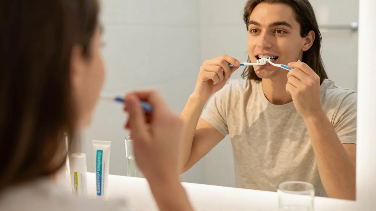 Osoba používající mezizubní kartáček v kúpelně pro prevenci kazů