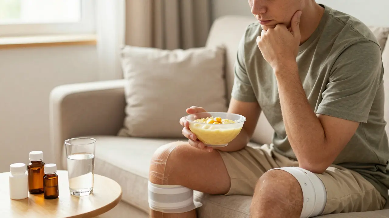 Patient eating soft food at home during post-surgery recovery