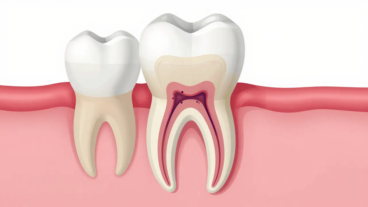 Příčný řez zubem ukazující zánět pod korunkou