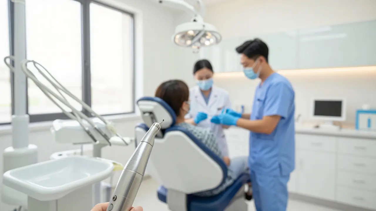 Současný pohled do dentální ordinace s profesionálním vybavením a týmem zubních lékařů
