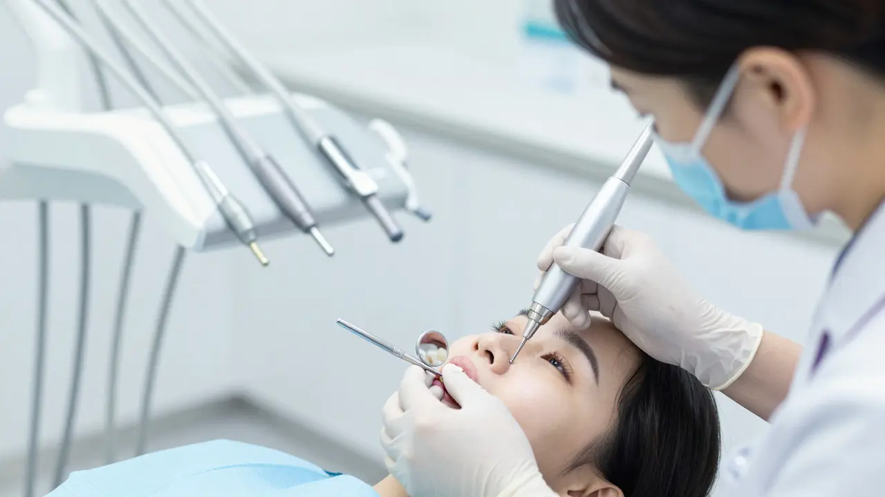 Zubní lékař provádí diagnostiku předních zubů nástroji