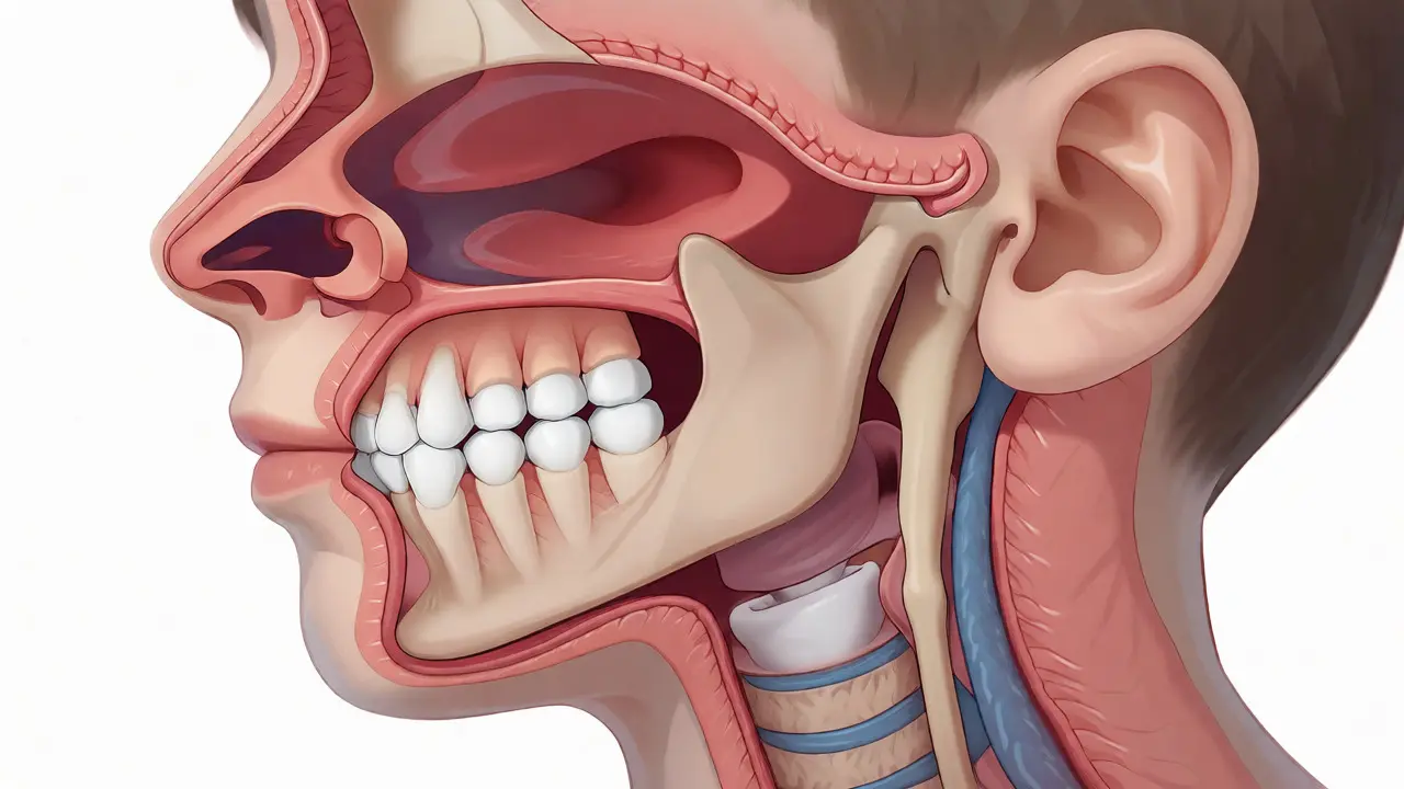 Anatomický řez hlavou dítěte ukazující překážku dýchacích cest
