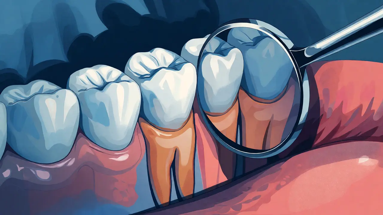 Dentální zrcátko zkoumá zadní zuby a dásně pro kontrolu plaků a zánětů.