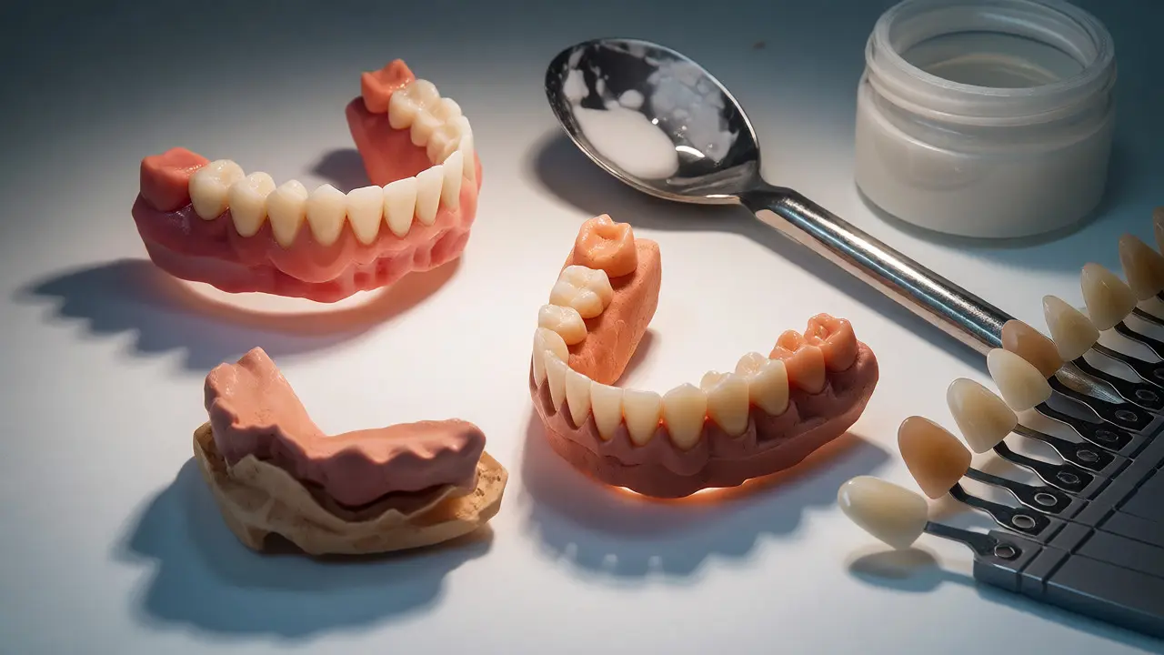 Detailní pohled na zubní náhrady, voskový model a nástroje v zubní laboratoři během výroby.
