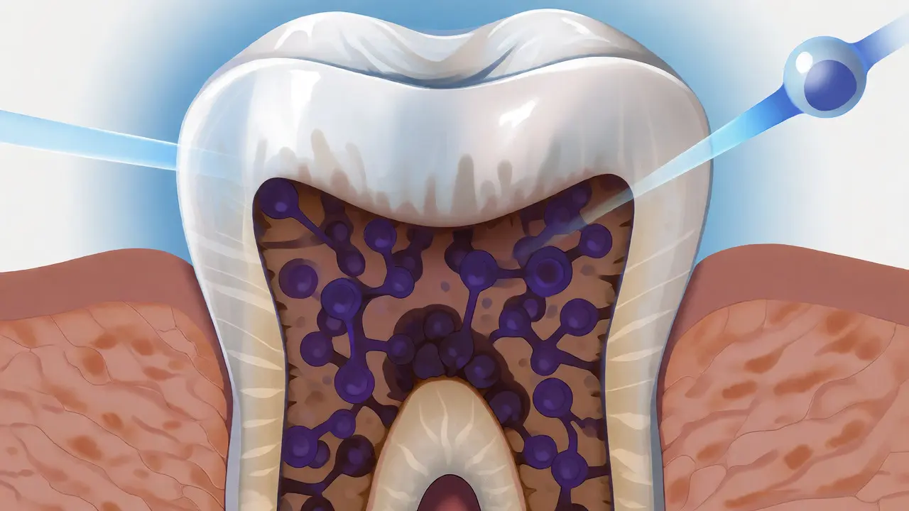 Ilustrace průřezu zubem ukazující hluboké uložení pigmentu ve vrstvě dentinu pod sklovinou.