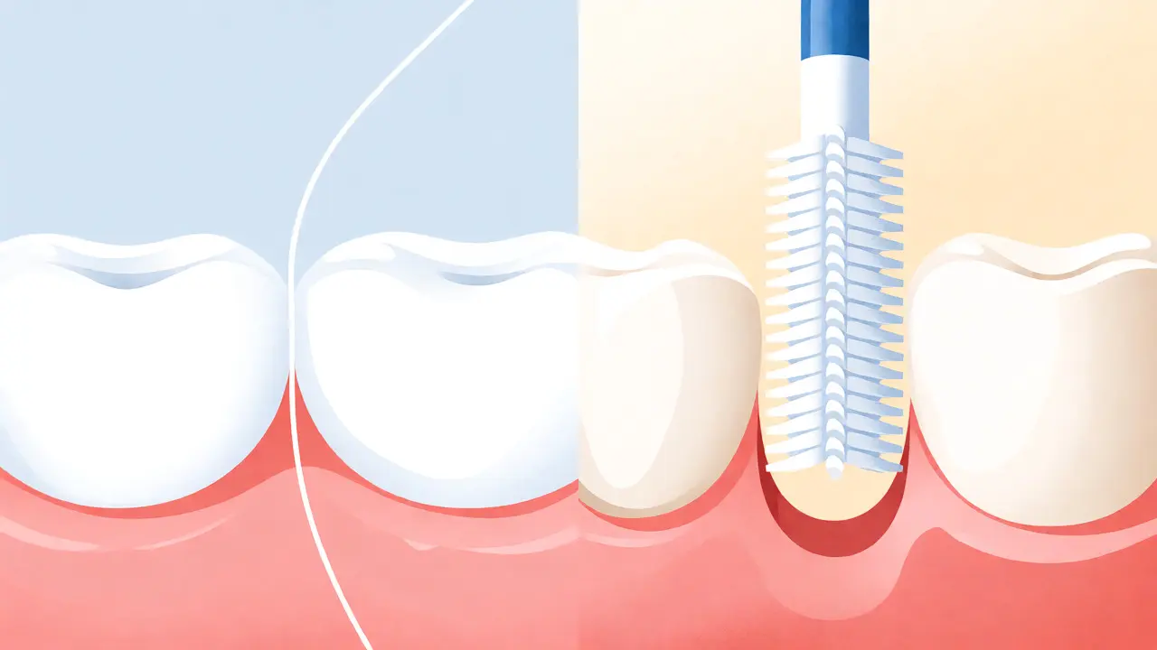 Ilustrace srovnání dentální niti a mezizubního kartáčku