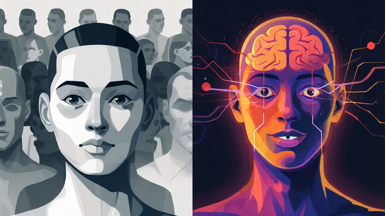 Konceptuální ilustrace kontrastu mezi generickou symetrií a unikátním úsměvem