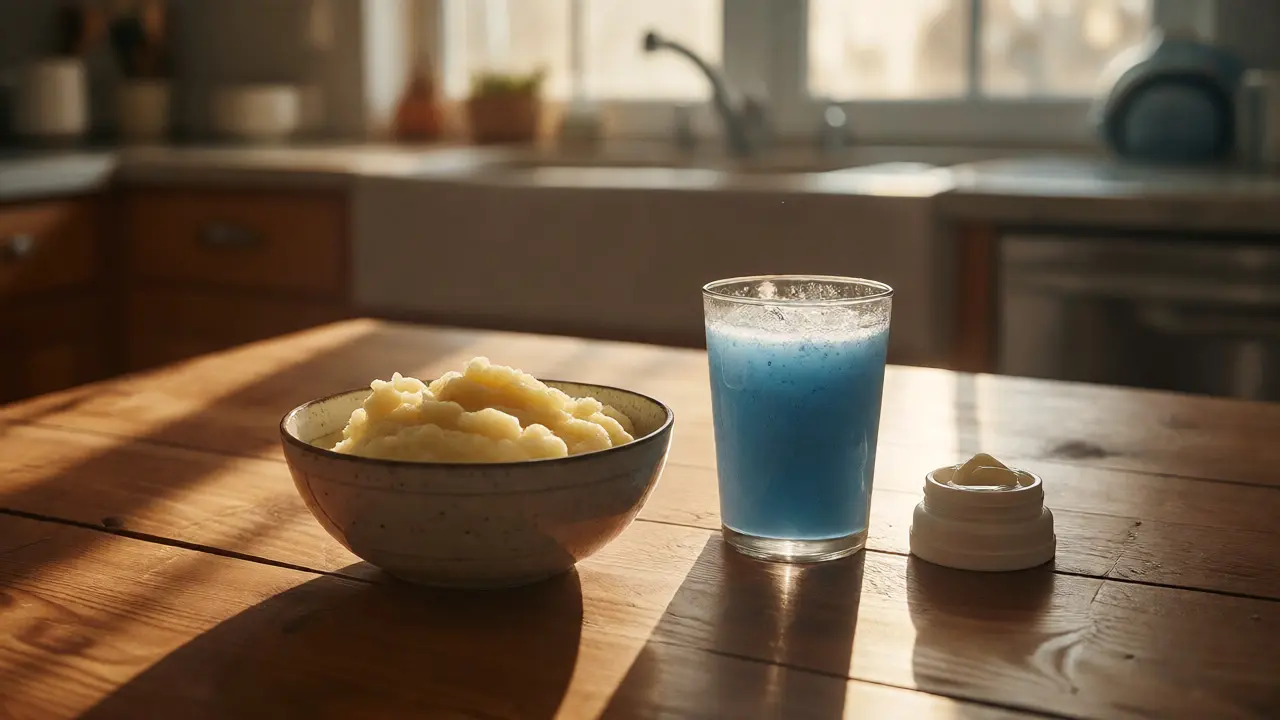 Mísa bramborové kaše a smoothie jako vhodné jídlo pro začátek nošení rovnátek