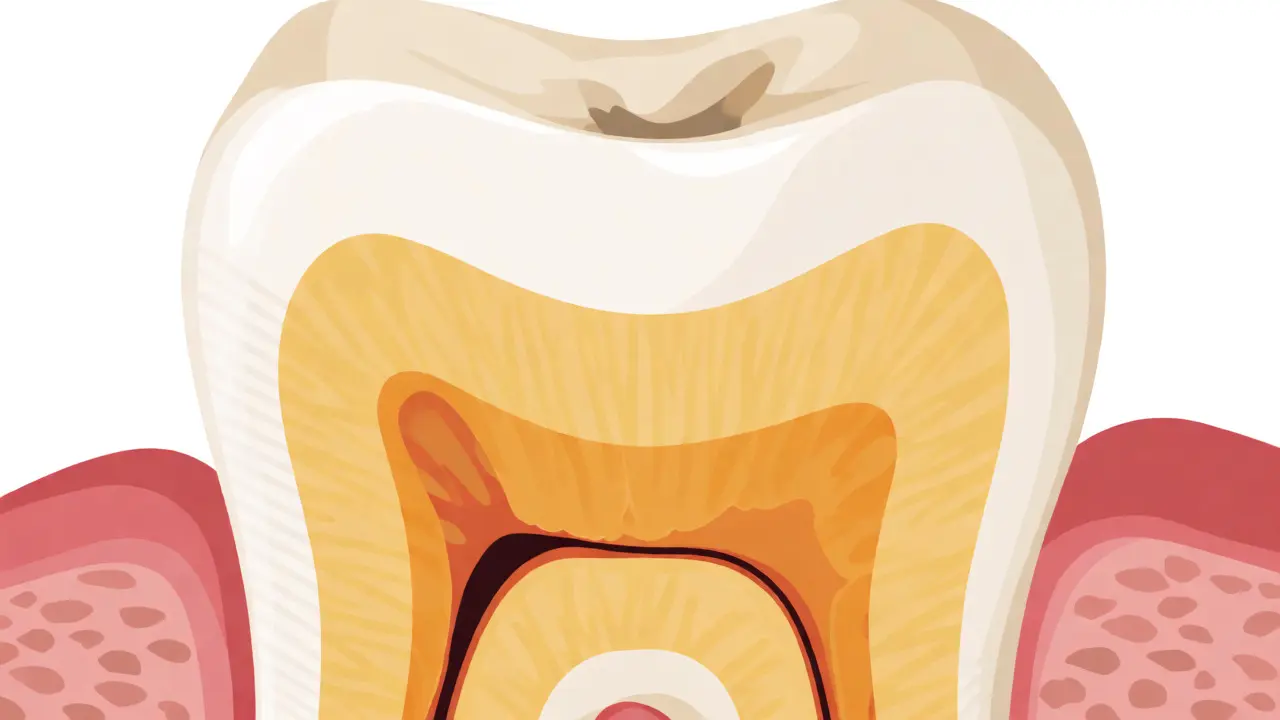 Řez zubem znázorňující postupující mezizubní kaz pronikající do dentinu.