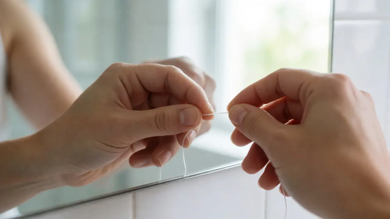 Ruce používající dentální nit správnou technikou ve tvaru písmene C u dásně.