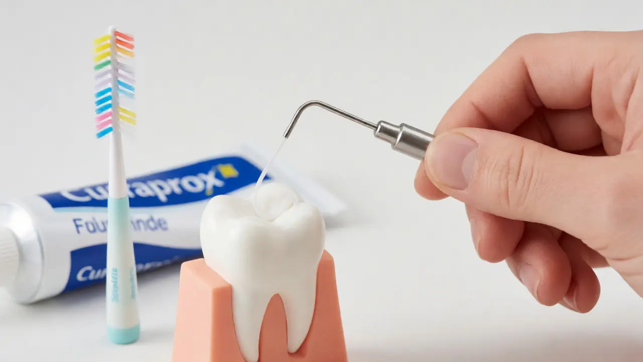 Ruka používající dentální nit ve tvaru písmene C kolem zubu