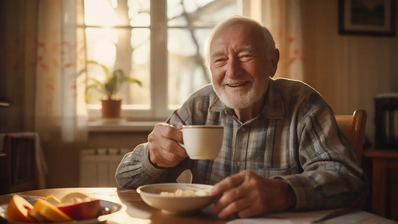 Spokojený senior s novými nasazovacími zuby si vychutnává snídani měkkou stravou.