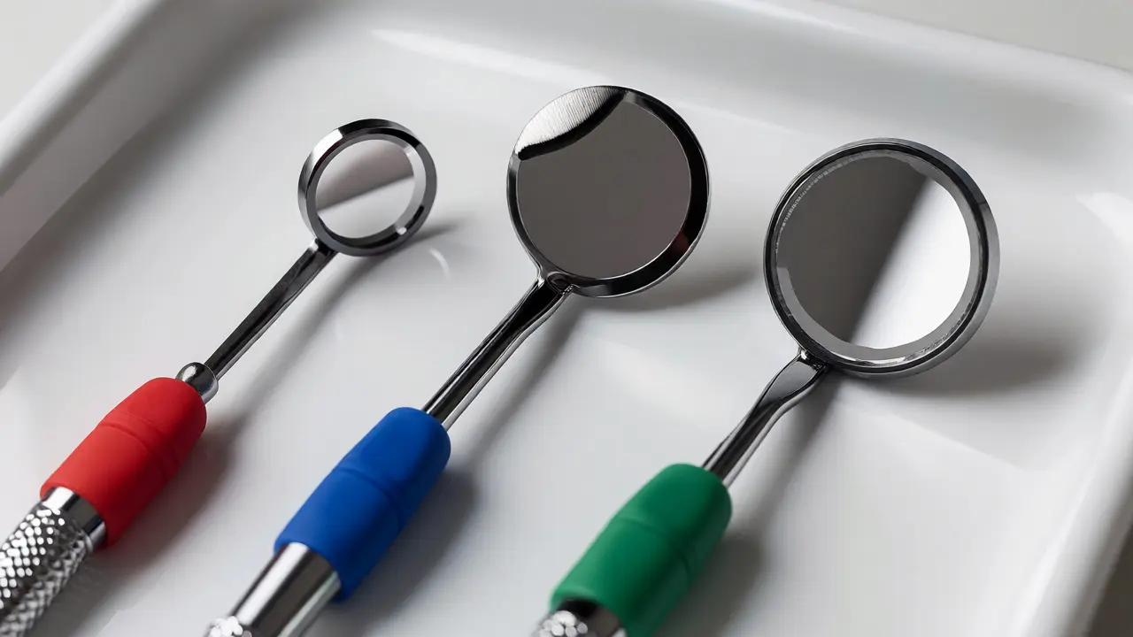 Tři typy dentálních zrcadel na bílém podnosu