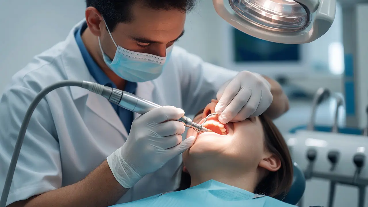 Zubní lékař odstraňuje kámen ultrazvukem v ordinaci