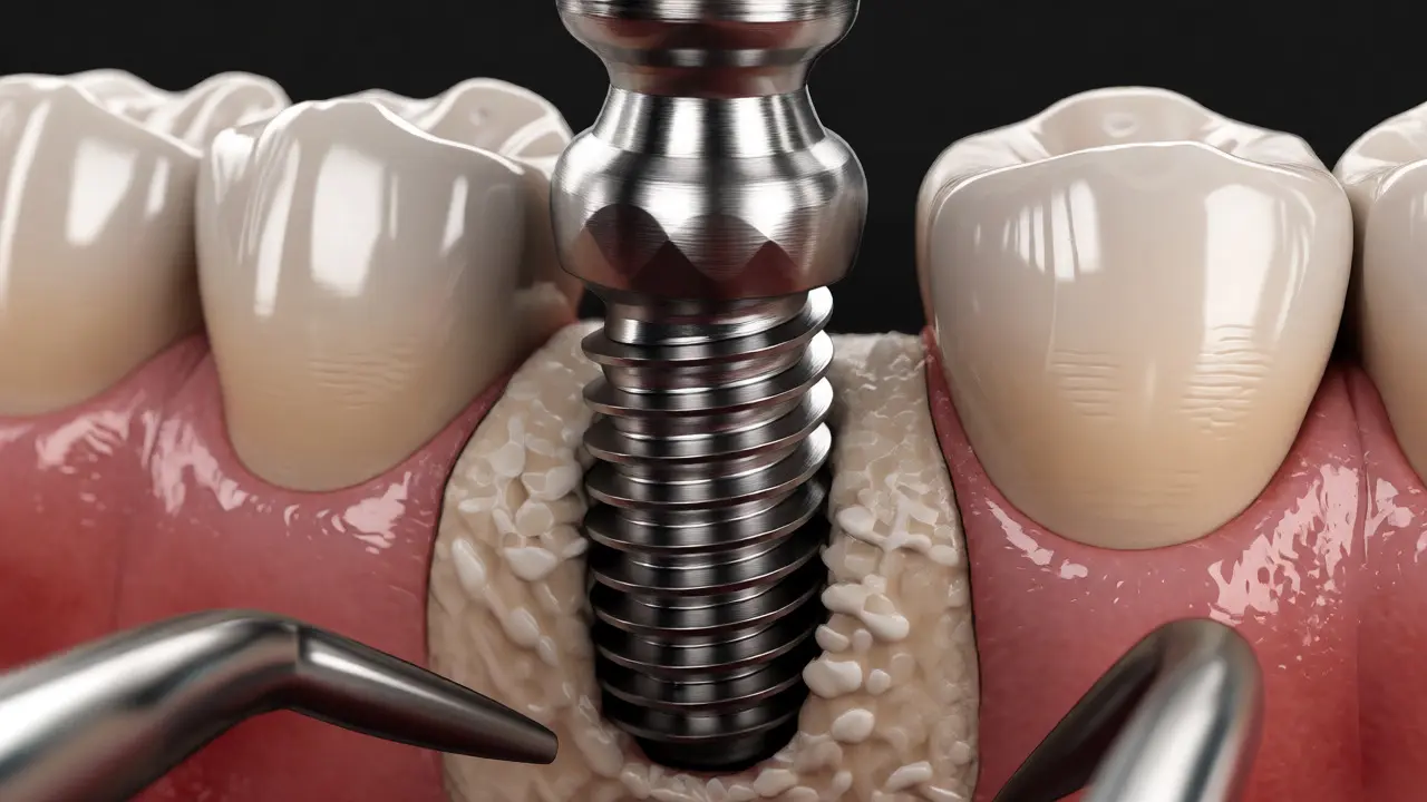 Chirurgické zavádění titanového zubního implantátu do čelistní kosti