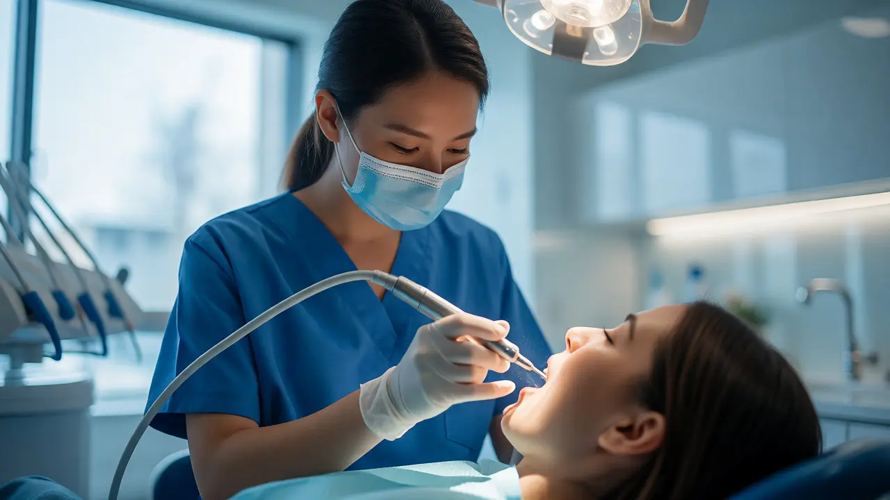 Dentální hygienistka odstraňuje kámen ultrazvukem