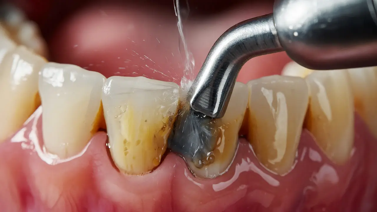 Detailní záběr na odstraňování zubního kamene ultrazvukovým přístrojem u dásní.