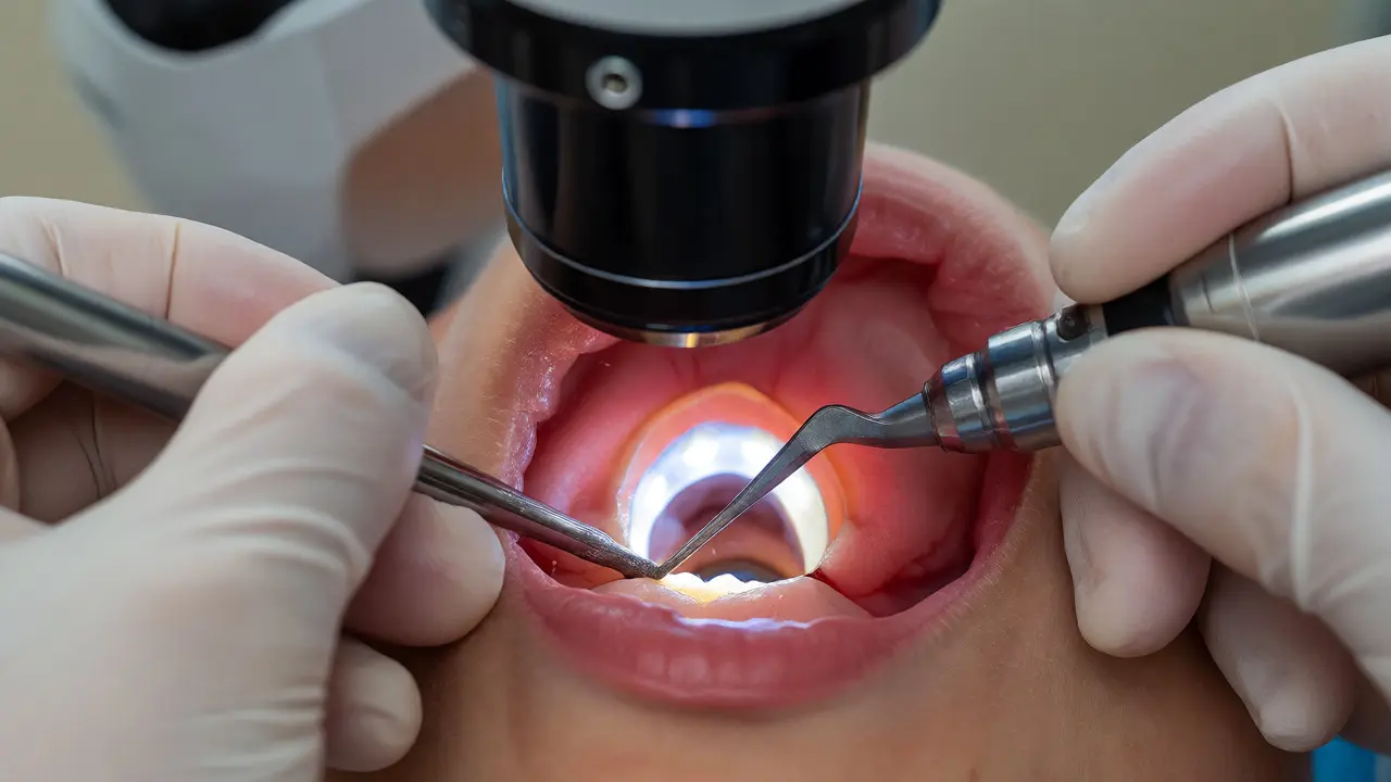 Endodontická operace pod mikroskopem s čištěním špičky kořene